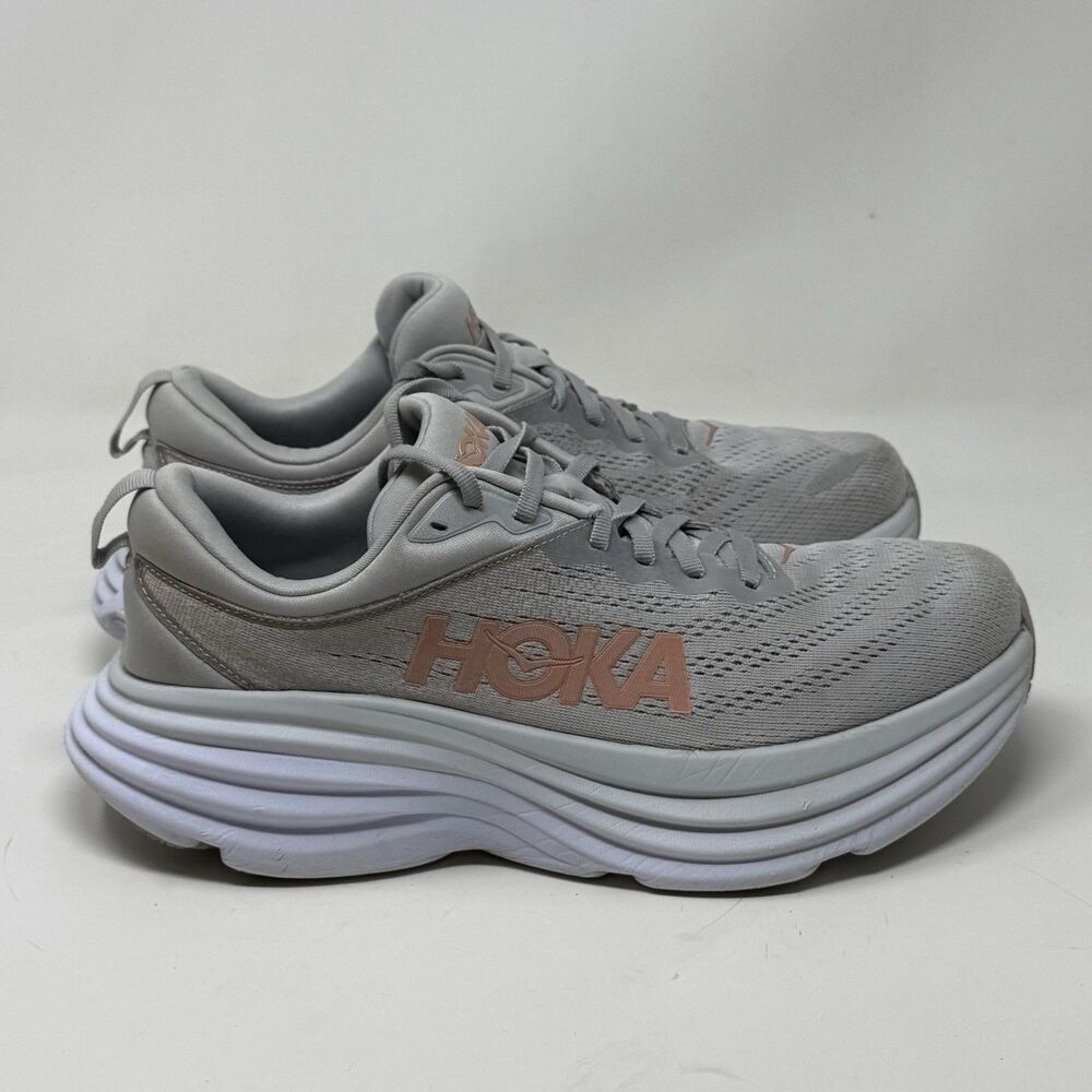 Hoka One One Bondi 8 Womens 10 M Gray Peach Lightweight Running Shoes Sneakers